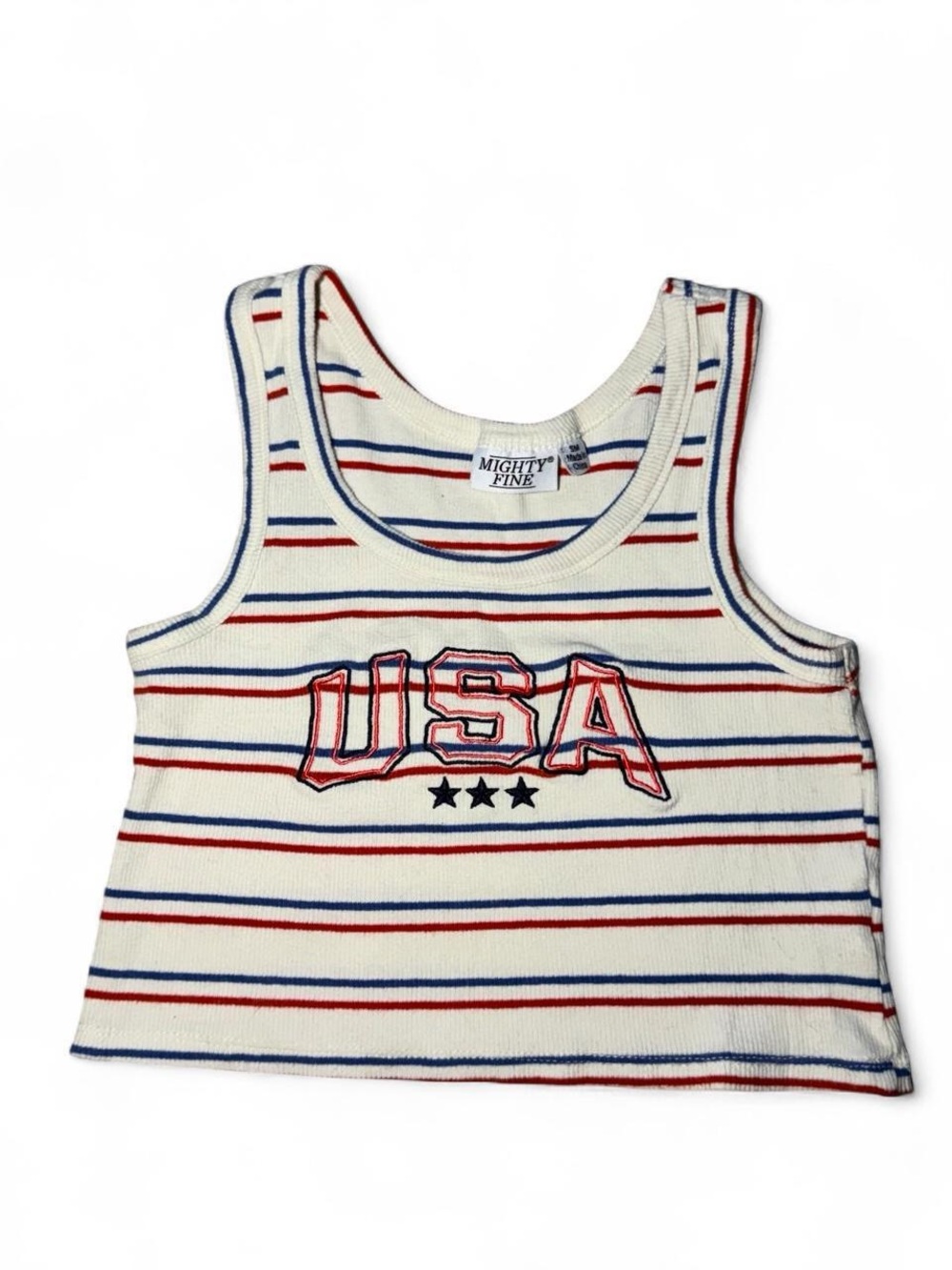 Patriotic Mighty Fine embroidered USA red white blue striped crop top tank top🫧